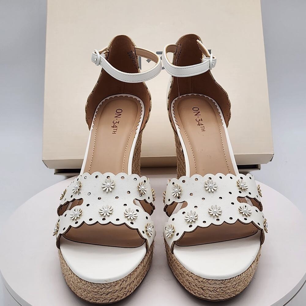 NEW - On 34th Theodore EP White Linen Floral Espadrille Wedge Sandals Size 8.5 M - Picture 2 of 10